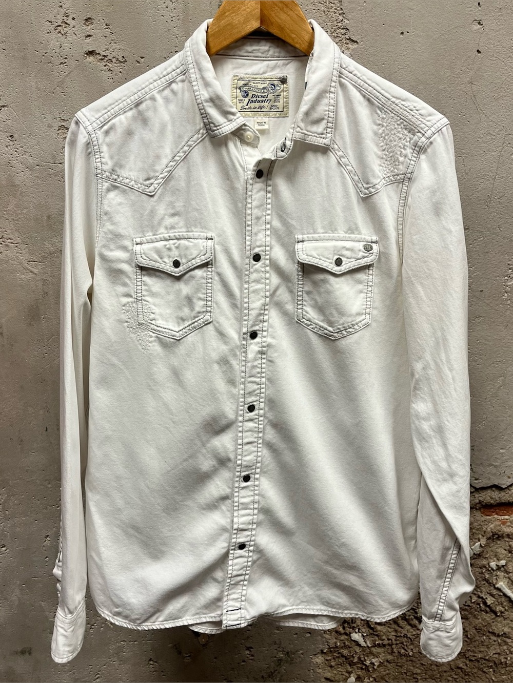 Diesel Industries White Snap Button Down Western Embroidered Shirt XL Retro